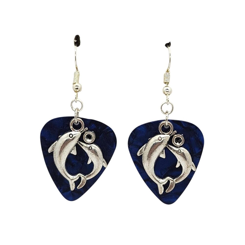 Dolphin Circle Charm Guitar Pick Earrings - Choose Color - Handmade in USA